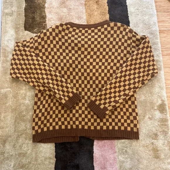 Gimaguas Brown and Mustard Checkered Cardigan Sweater - Picture 2 of 2